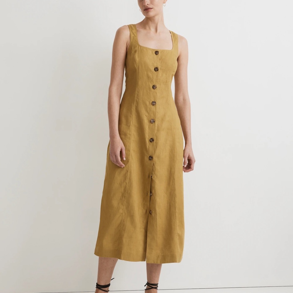 Button-Front Midi Dress in 100% Linen